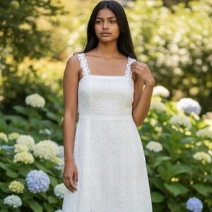 Ann Taylor Lace Strap Eyelet Flare Dress 100% Cotton White Cottagecore Sz 12 NWT